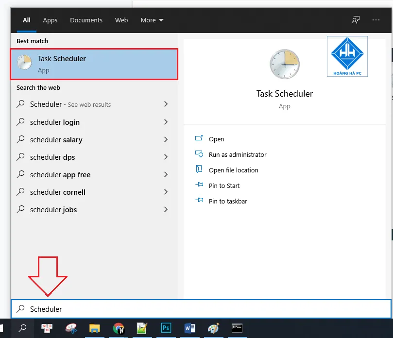 Kích hoạt Task Scheduler từ menu Start để thiết lập hẹn giờ tắt máy tính win 10 tự động