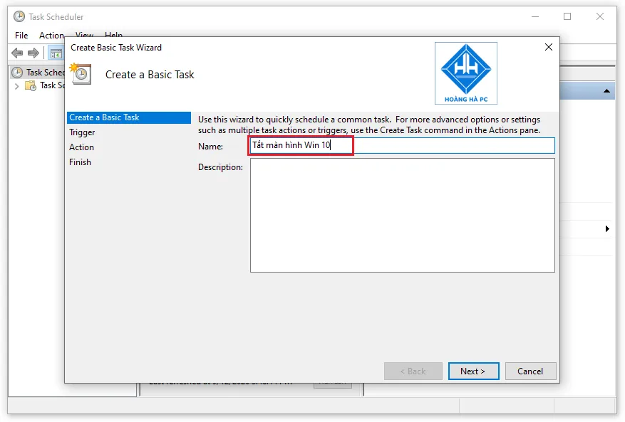 Đặt tên và mô tả rõ ràng cho tác vụ hẹn giờ tắt máy Win 10 trong Task Scheduler