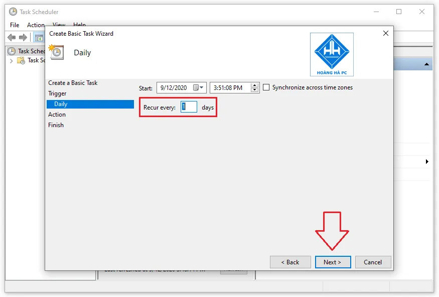 Thiết lập thời gian bắt đầu và tần suất Recur every cho tác vụ hẹn giờ