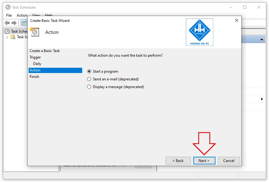 Chọn action Start a program để thực thi file shutdown.exe khi hẹn giờ tắt máy