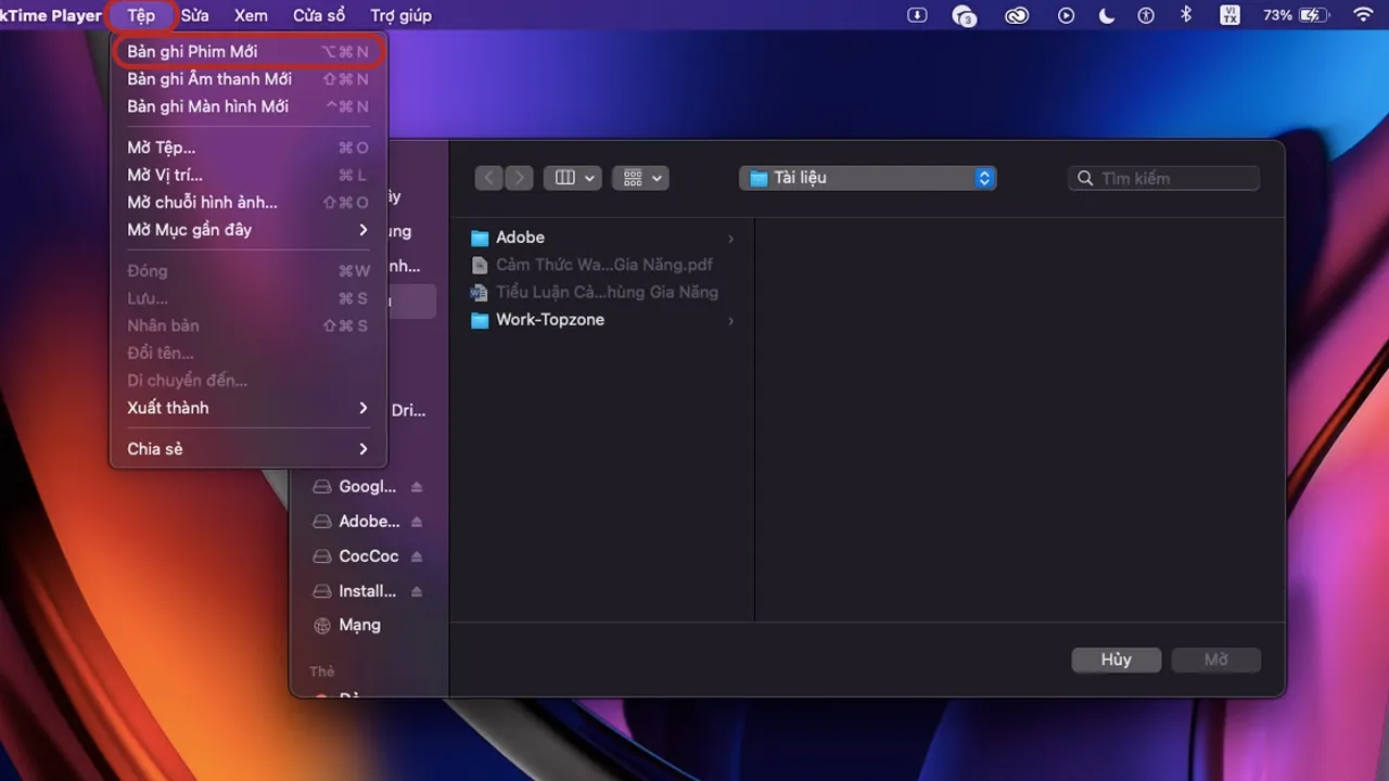Chọn Bản ghi Phim mới trong menu Tệp của QuickTime Player
