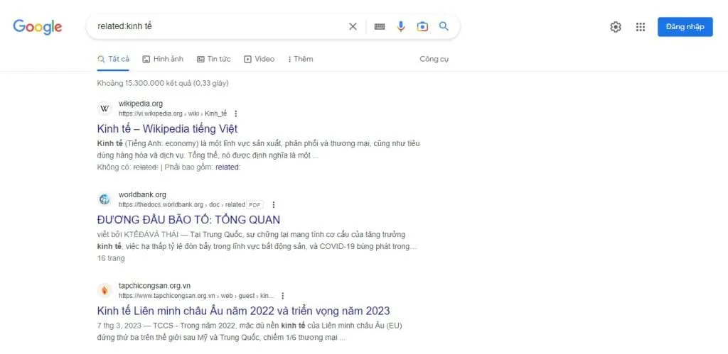 Hiển thị kết quả tìm kiếm các thuật ngữ chuyên ngành liên quan bằng lệnh related: