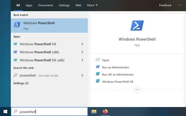 Cửa sổ tìm kiếm Windows để mở PowerShell nhằm thực hiện cách chỉnh sáng máy tính bằng dòng lệnh