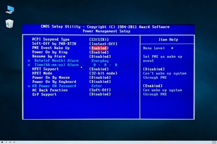 Chọn Power Management, Advanced Options, Resume On LAN hoặc tùy chọn tương tự