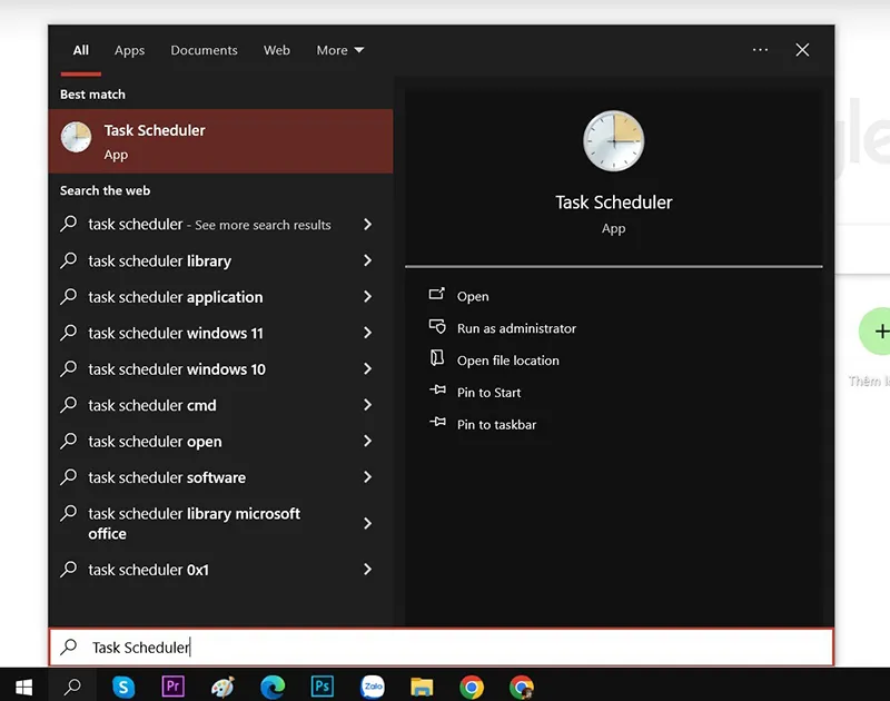 Nhập Task Scheduler ở ô tìm kiếm trên thanh Start