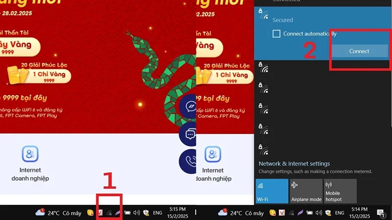 Chọn biểu tượng sóng WiFi trên thanh Taskbar, sau đó chọn kết nối với WiFi
