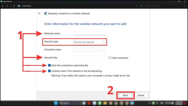 Nhập tên, chọn chuẩn bảo mật và chọn Next để kết thúc
