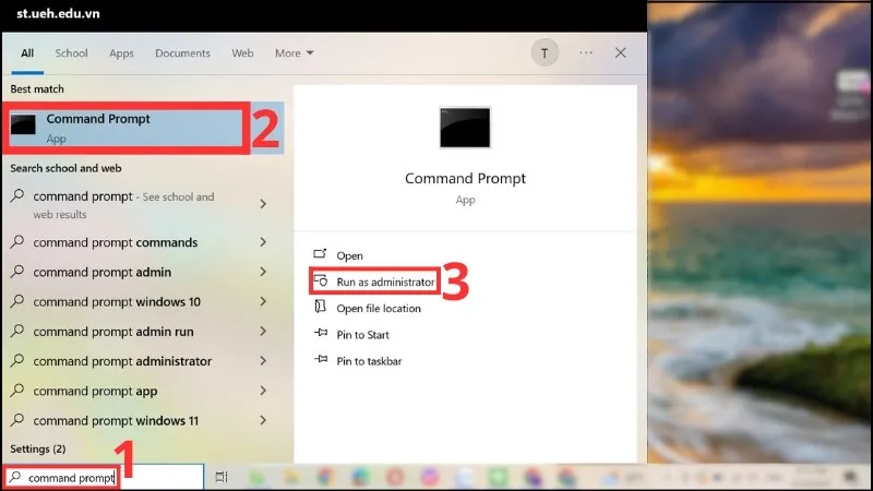 Mở Command Prompt dưới quyền Admin