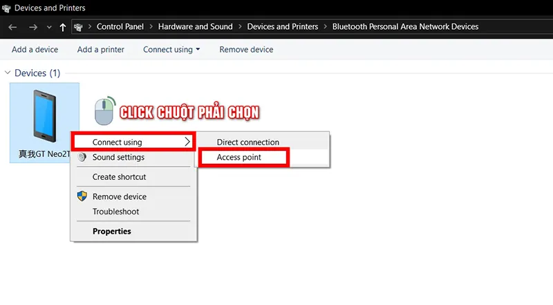 Chọn Connect using rồi chọn Access point