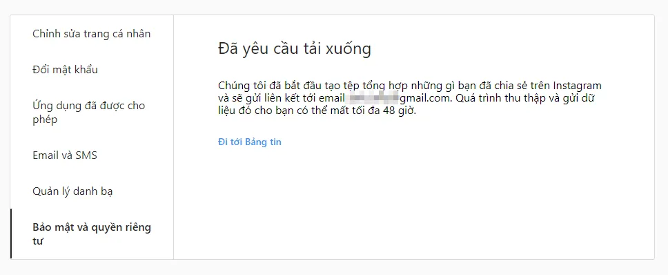 Thông Báo Xác Nhận Yêu Cầu Tải Xuống Dữ Liệu Instagram Đang Được Xử Lý