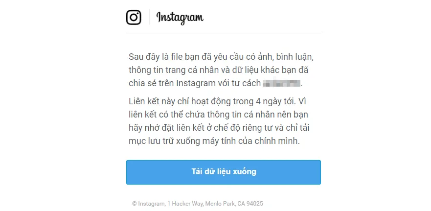 Email Chứa Liên Kết Để Tải File Dữ Liệu Instagram Đã Được Nén