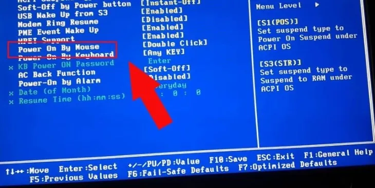 Tùy chọn bật Wake on USB hoặc Wake on Mouse trong giao diện cấu hình BIOS