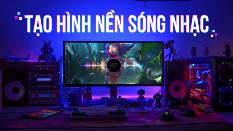 Hình ảnh minh họa desktop sử dụng Rainmeter hoặc tương tự, hiển thị các thông tin hệ thống và sóng nhạc trên hình nền chuyển động.