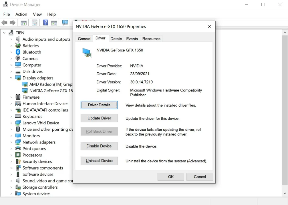 Kiểm tra chi tiết phiên bản driver hiện tại trong thẻ Driver Properties