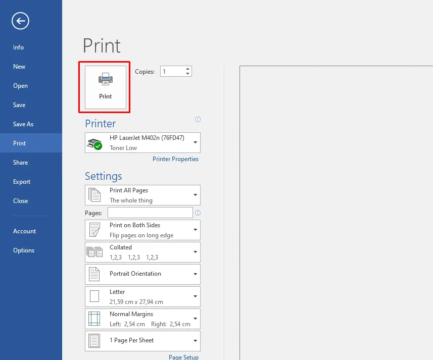 Hộp thoại Print cơ bản khi thực hiện cách in máy tính bằng Ctrl + P