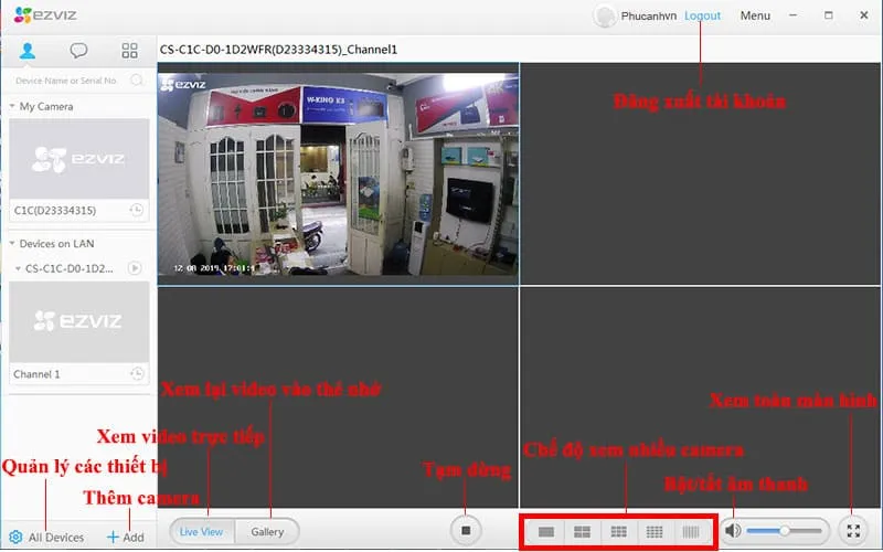 Các tùy chọn tính năng trên Ezviz Studio
