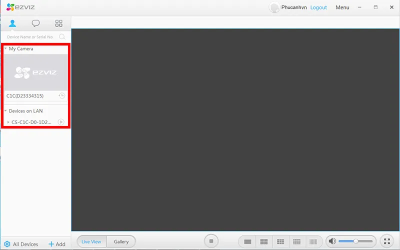 Giao diện Ezviz Studio sau khi đăng nhập