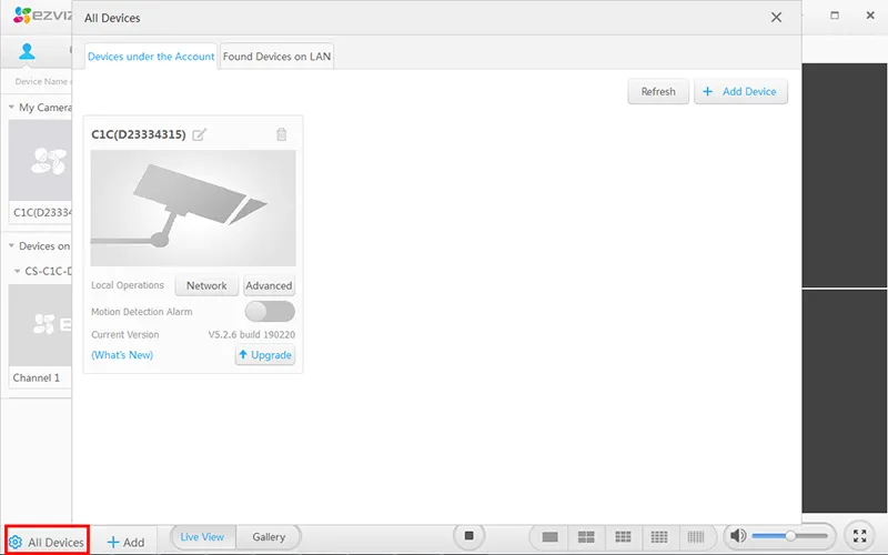 Mục quản lý thiết bị và tìm kiếm LAN trong Ezviz Studio