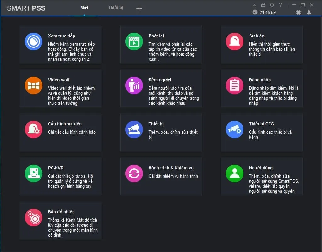 Giao diện mục Thiết bị trong Smart PSS