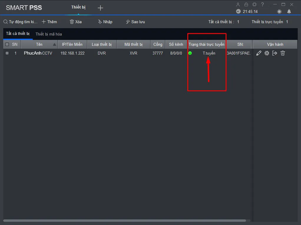 Trạng thái Trực tuyến sau khi thêm thiết bị thành công