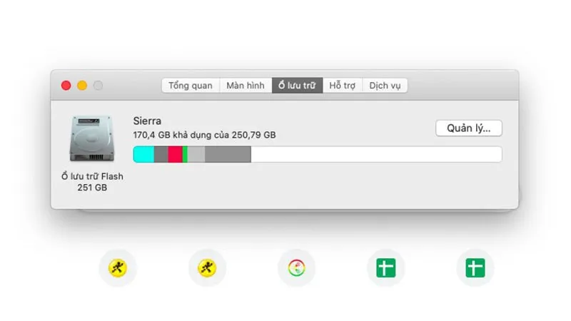 Biểu đồ phân loại dữ liệu chi tiết hiển thị tổng dung lượng và phần đã sử dụng trên MacBook