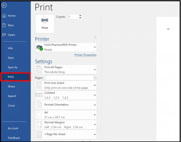 Lựa chọn máy in khả dụng và thiết lập số lượng bản sao cần in tài liệu