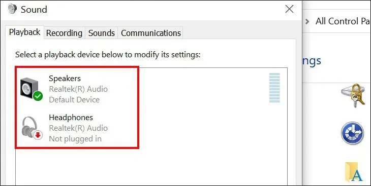 Giao diện Playback trong Sound Settings, nơi chọn thiết bị âm thanh mặc định sau khi kết nối loa