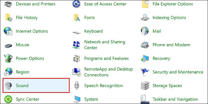 Hướng dẫn mở cài đặt âm thanh (Sound) trong Control Panel để cấu hình thiết bị phát
