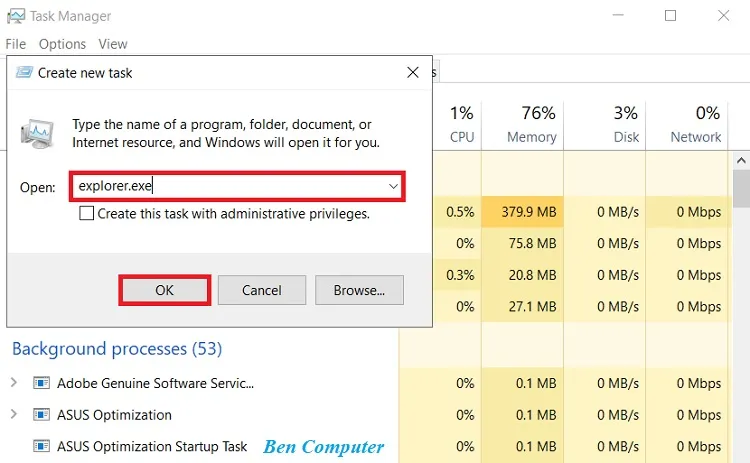 Hướng dẫn chạy lệnh explorer.exe trong Task Manager để sửa màn hình đen