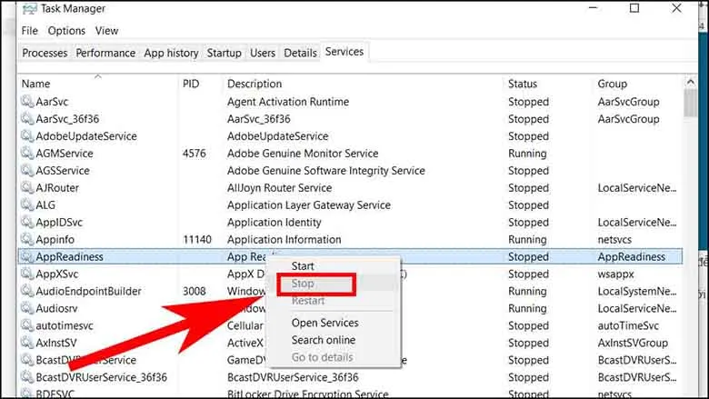 Mở cửa sổ Services để điều chỉnh các thiết lập của dịch vụ AppReadiness