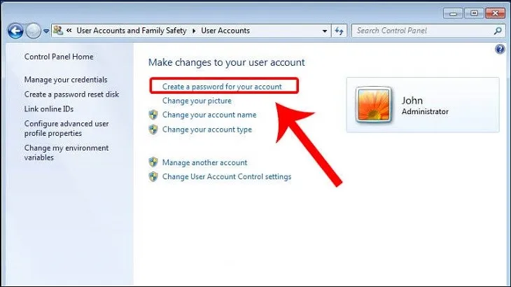 Sau đó bạn chọn vào Create a password for your account để tiến hành đặt mật khẩu cho Windows 7
