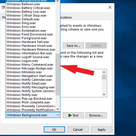 Chọn âm thanh cho sự kiện và sử dụng nút Test để nghe thử