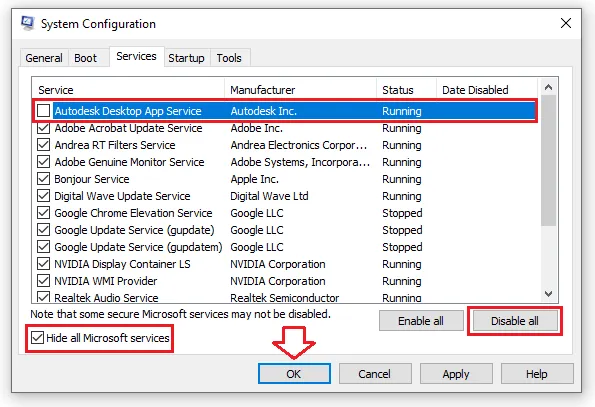 Cửa sổ System Configuration để quản lý các dịch vụ và tiến trình