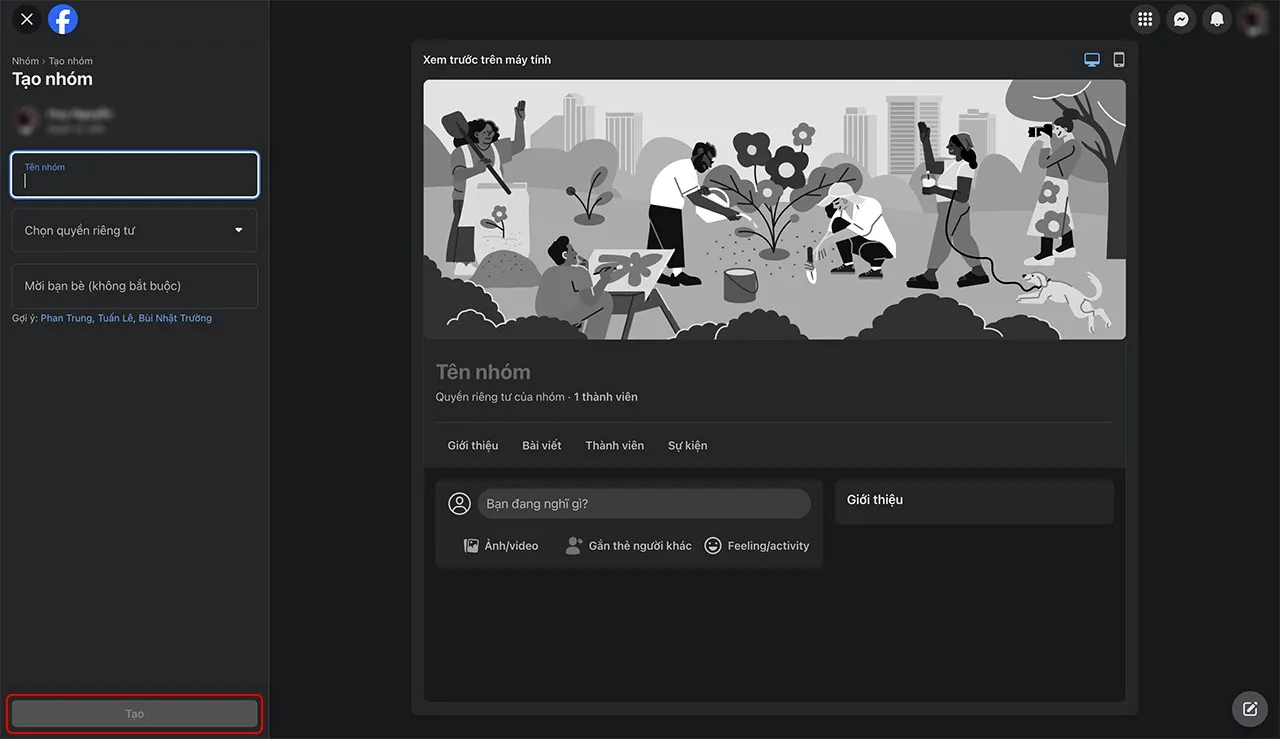 Màn hình thiết lập ban đầu khi tạo nhóm trên Facebook bằng máy tính, bao gồm tên nhóm và lựa chọn quyền riêng tư.