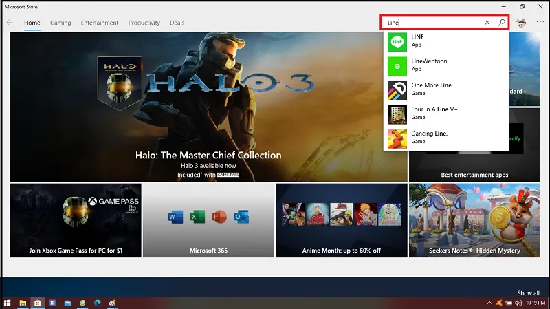 Hướng dẫn tìm kiếm ứng dụng Line trong thanh công cụ của Microsoft Store.
