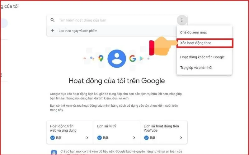 Nhấn vào biểu tượng dấu ba chấm để mở menu tùy chọn xóa hoạt động tìm kiếm Google.