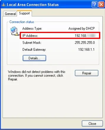 Hiển thị địa chỉ IP trên Windows XP trong tab Support