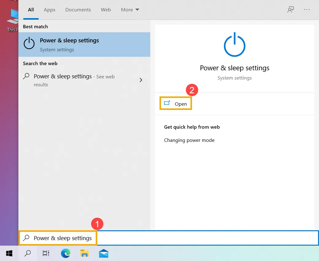 Hình ảnh mô tả giao diện tìm kiếm Power & sleep settings trong Windows để truy cập tùy chọn nguồn.