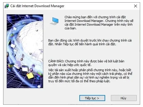 Màn hình chào mừng và khởi động quá trình cài đặt phần mềm IDM