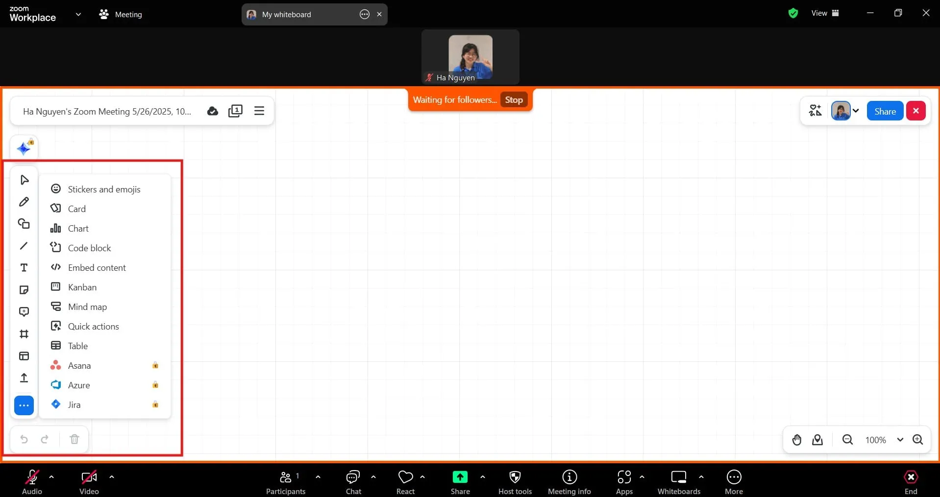 Giao diện Bảng trắng hiển thị đầy đủ các công cụ vẽ và tùy chỉnh