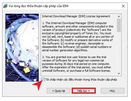 Đồng ý các điều khoản sử dụng trước khi tiếp tục cài đặt IDM trên hệ điều hành Windows