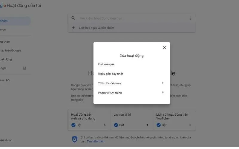 Lựa chọn thời gian xóa lịch sử tìm kiếm Google, bao gồm tùy chọn xóa toàn bộ từ trước đến nay.