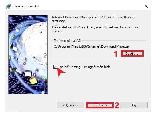 Lựa chọn đường dẫn lưu trữ và tạo biểu tượng tắt khi tải IDM về máy tính