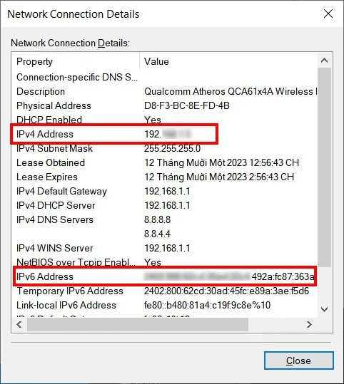 Địa chỉ IP hiển thị trong Network Connection Details trên Windows 10