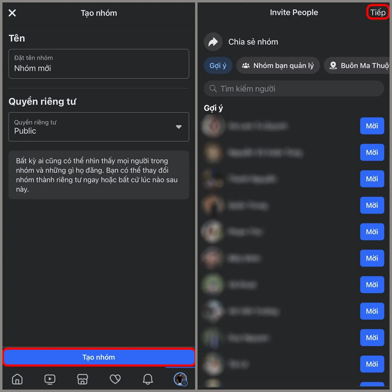 Giao diện nhập tên nhóm và thiết lập quyền riêng tư trên điện thoại, bước cơ bản trong việc tạo nhóm cộng đồng.