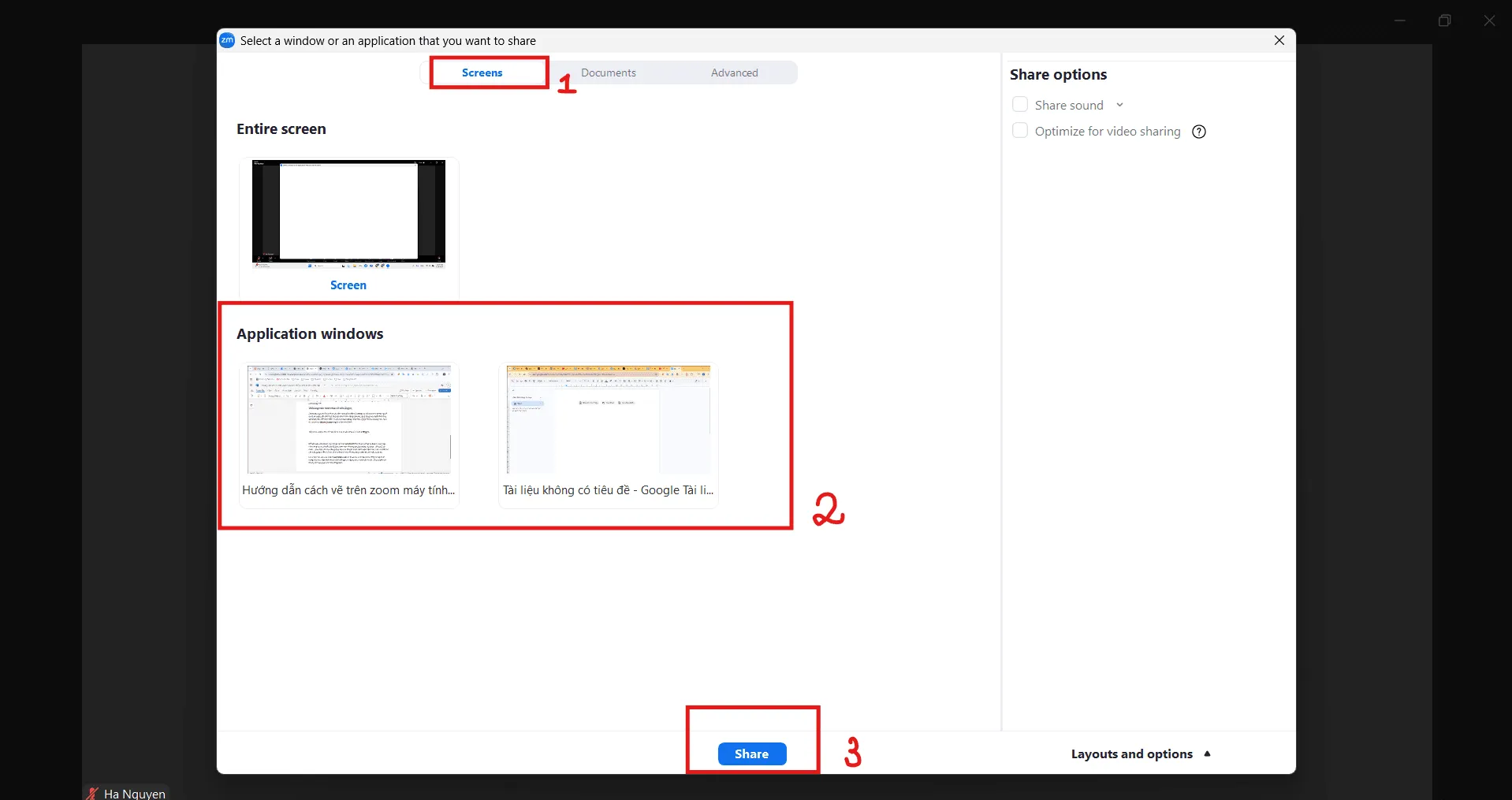 Chọn màn hình muốn chia sẻ và nhấn Share