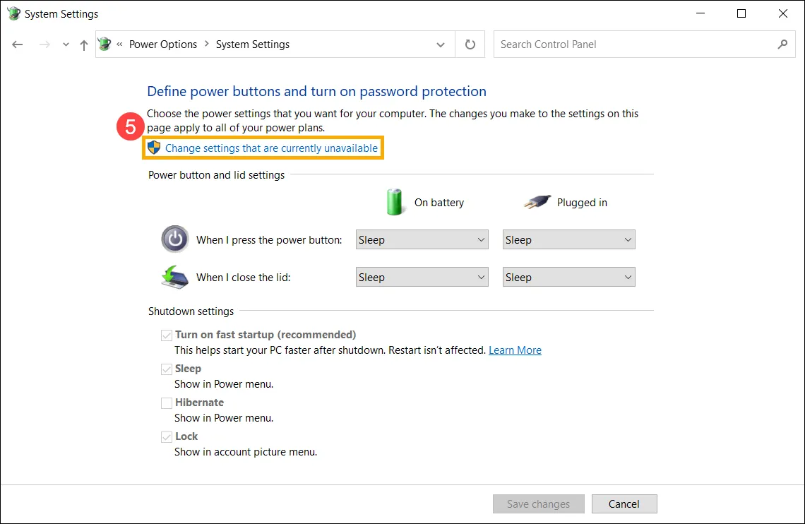 Giao diện hệ thống cần quyền Administrator để thay đổi các thiết lập shutdown hiện đang bị khóa.