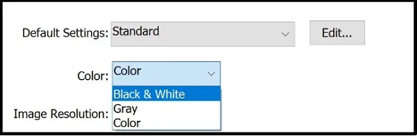 Lựa chọn chế độ in màu (Color) hoặc in đen trắng (Grayscale) trong thuộc tính máy in