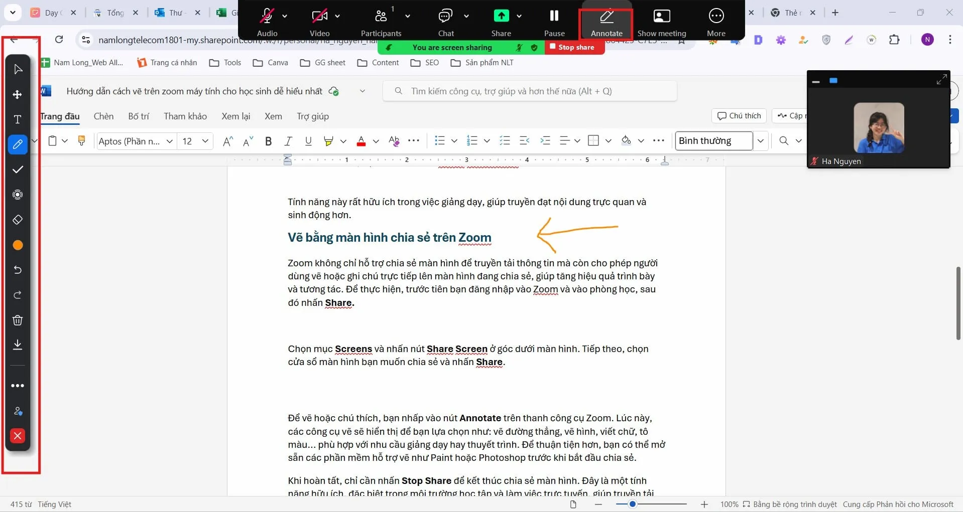 Nhấp vào nút Annotate trên thanh công cụ Zoom để hiển thị các công cụ vẽ