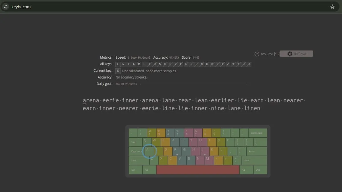 Keybr, một công cụ luyện gõ tập trung vào các phím yếu và phân tích thói quen luyện cách đánh máy tính 10 ngón của người dùng